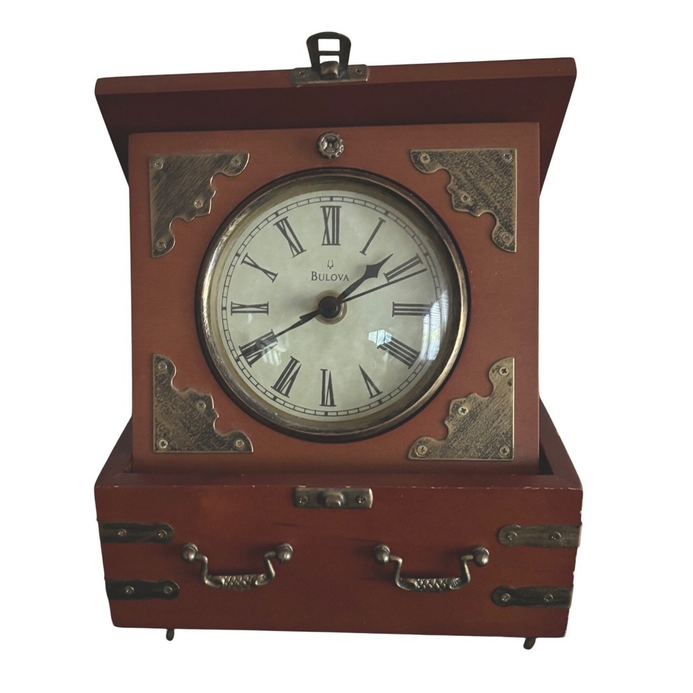 Bulova Wooden Fold Out Mantle Clock | Vintage | Trunk Style | Tested-Works